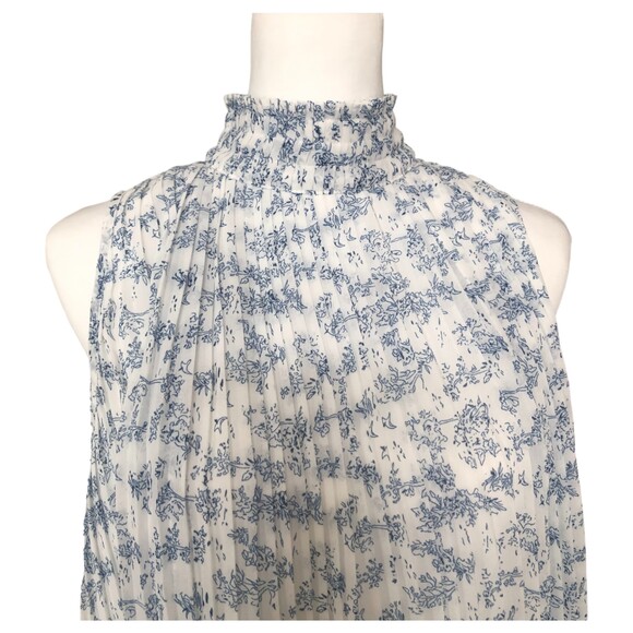Cliche Pleated Blue and White Beachy Boho Floral Mock Turtleneck Tank Size S - Picture 2 of 10